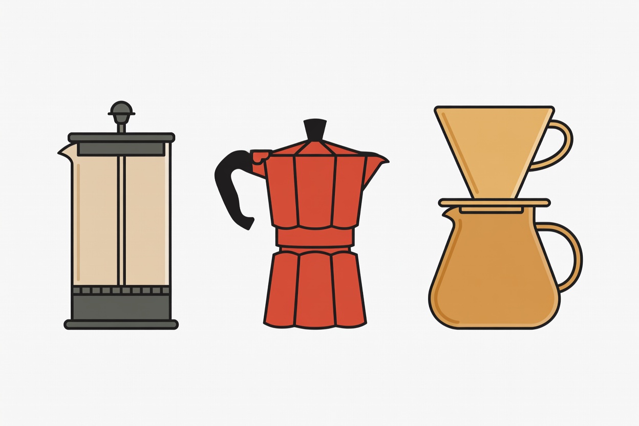 Flat illustration of a French press, moka pot and pour-over brewer
