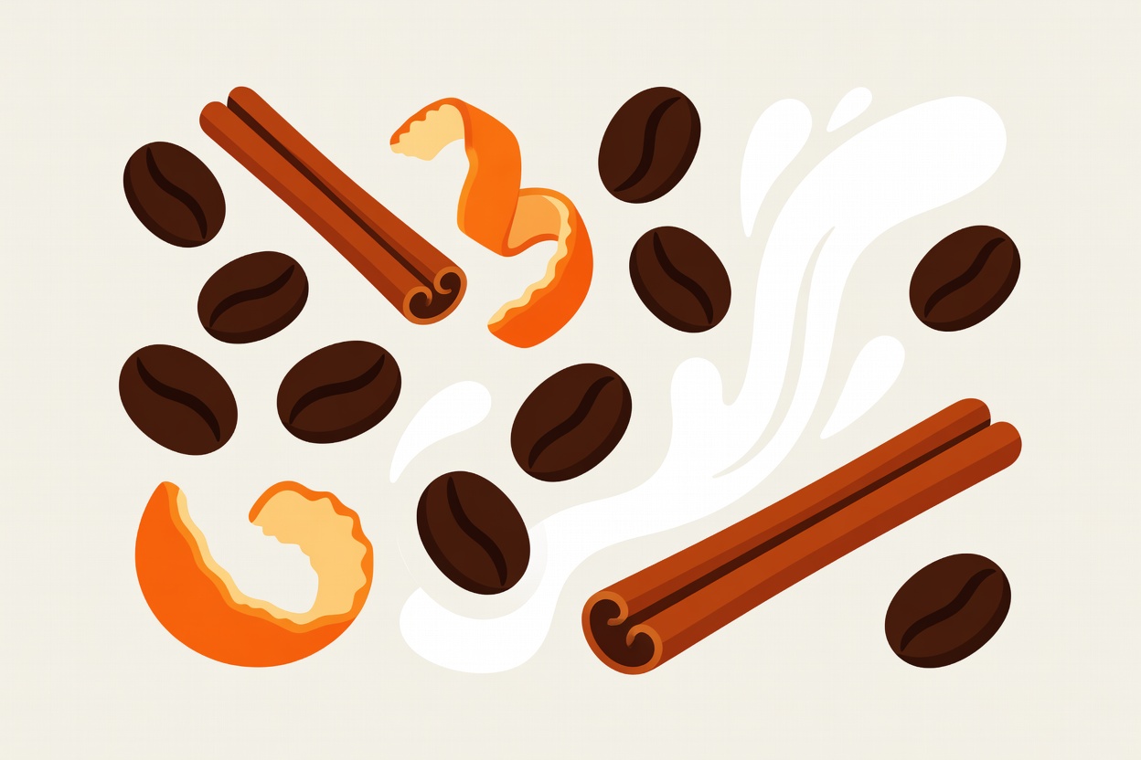 Flat illustration of coffee beans, cinnamon, orange peel and milk