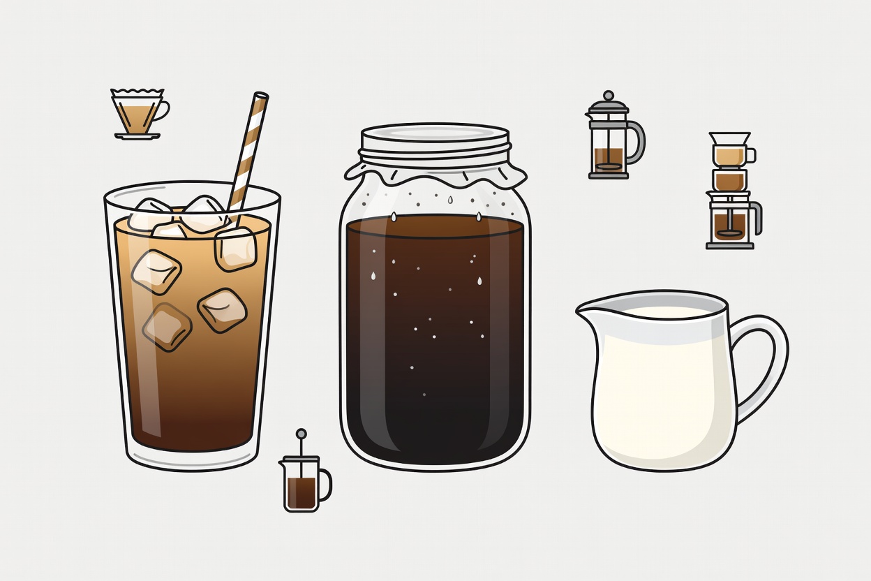 Flat illustration of iced coffee, cold brew jar and milk pitcher