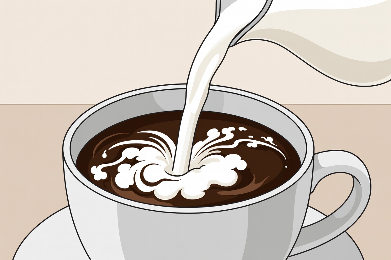 Flat illustration of milk being poured into a cup of coffee