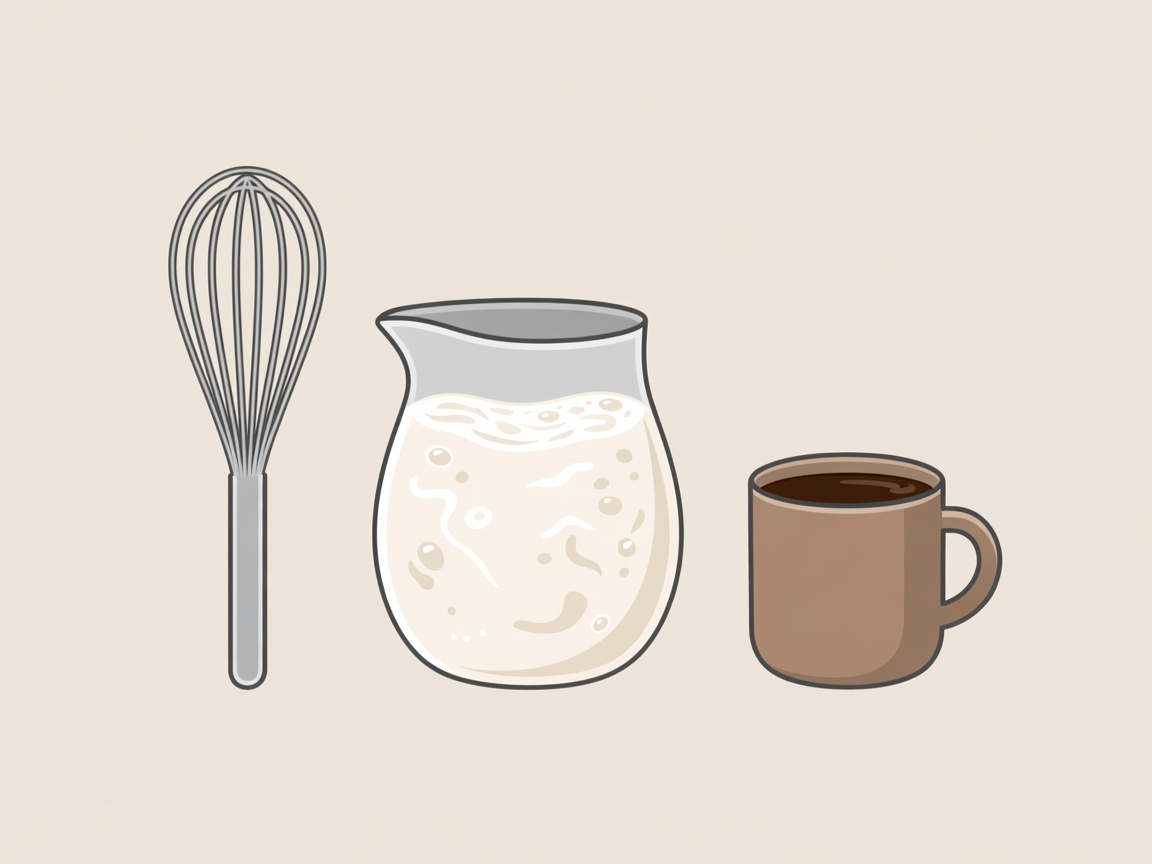 Flat illustration of a whisk, warm milk pitcher and coffee cup